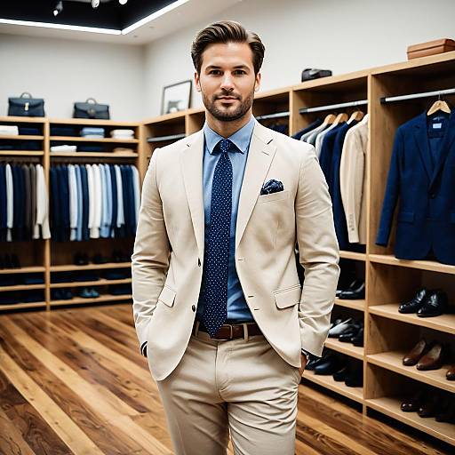 Handsome Man in Beige Suit in Clothing Store