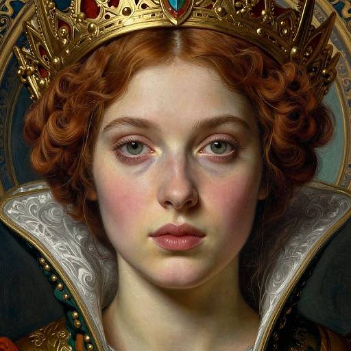 Digital portrait of a fair-skinned, red-haired woman with green eyes, wearing a gold crown and ornate collar, featuring intricate details.