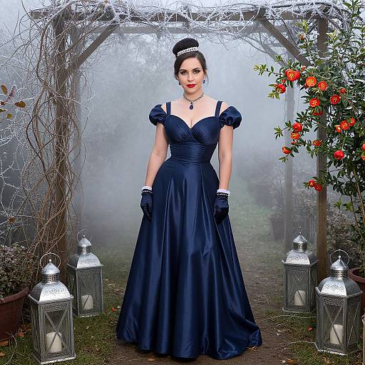 Photograph of a fair-skinned woman in a dark blue, vintage-style gown, red lipstick, black gloves, and hat, standing in a fog