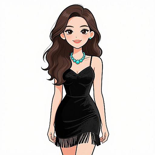 Digital anime-style drawing of a smiling woman with long brown hair, wearing a black fringe dress and turquoise necklace, standing against a white background.