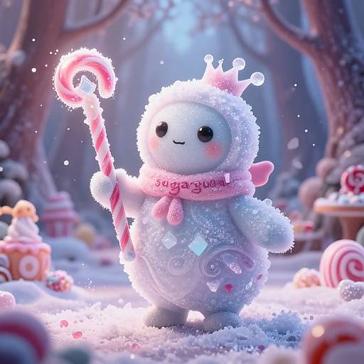 Cute, snow-covered, fluffy white creature with a pink crown, scarf, and candy cane, standing in a magical, snowy forest. Digital art