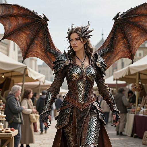 Digital artwork of a fierce female dragon warrior with large, brown, leathery wings, wearing intricately detailed, metallic, gold and black armor in