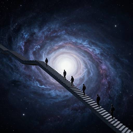 Silhouetted people walk on a spiral staircase into a glowing, swirling galaxy with vibrant blues, purples, and whites, set against a star