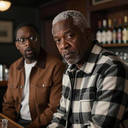 Two Black Men at Bar with Contrasting Expressions