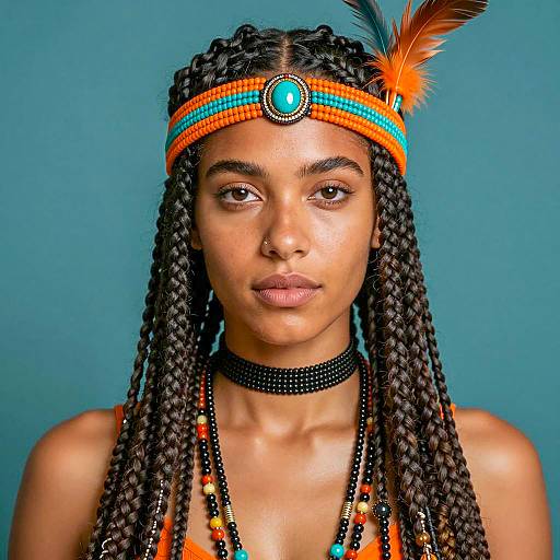 Portrait of Woman with Beaded Headband and Braided Hair