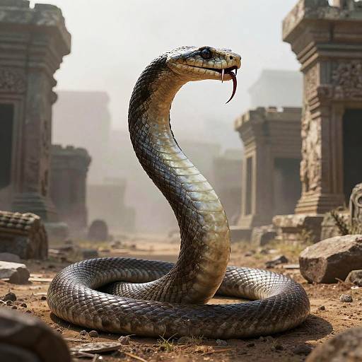 Human Snake Hybrid Emerging from Ruins