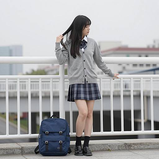 Urban Style: Asian Woman in Gray Cardigan