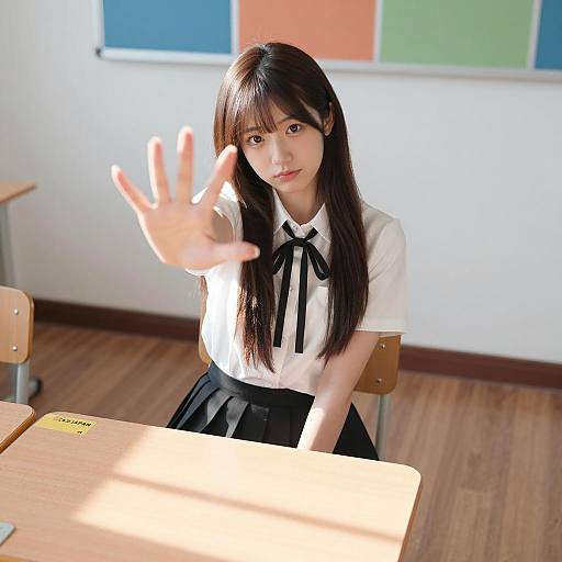 Asian Schoolgirl Reaching Out in Classroom