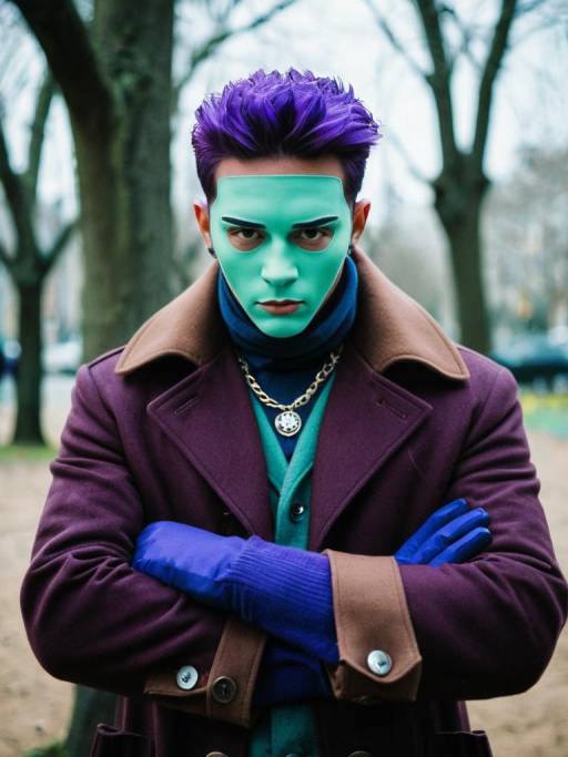Man Wearing Green Mask and Purple Hair Outdoors