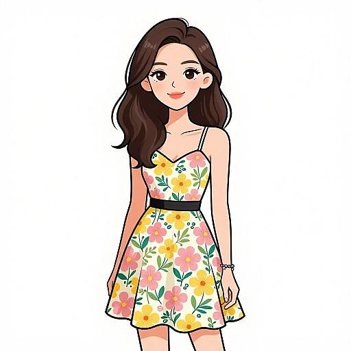 Digital illustration of a smiling young woman with long brown hair, wearing a yellow floral dress with a white background, standing against a plain white backdrop.