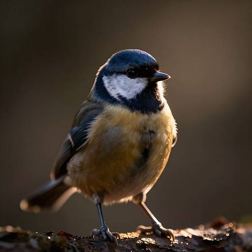 Photograph of a blue tit bird with vibrant blue, black, white, and yellow feathers, standing on a sunlit branch against a blurred dark background