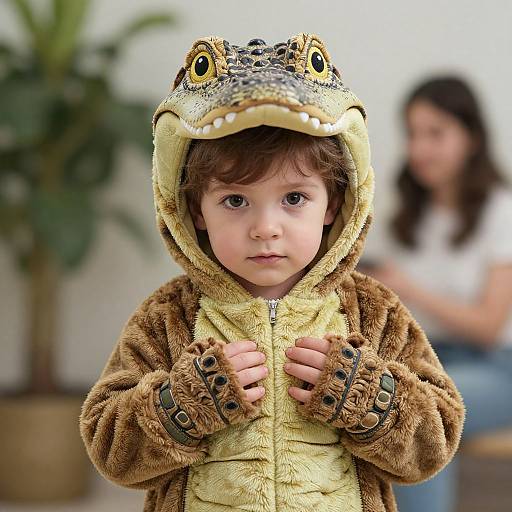 Photograph of a young child with brown hair, wearing a brown and yellow frog costume, standing indoors, with a blurred woman in the background.