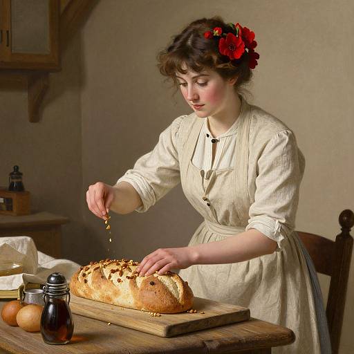Photorealistic painting of a fair-skinned woman with red flowered hair, in a cream dress, sprinkling seeds on a loaf of bread on