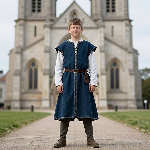 Boy in Medieval Clothes by Church
