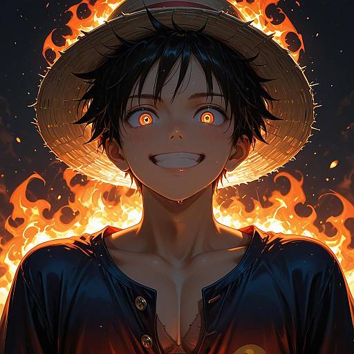 Anime Boy with Straw Hat and Fiery Eyes