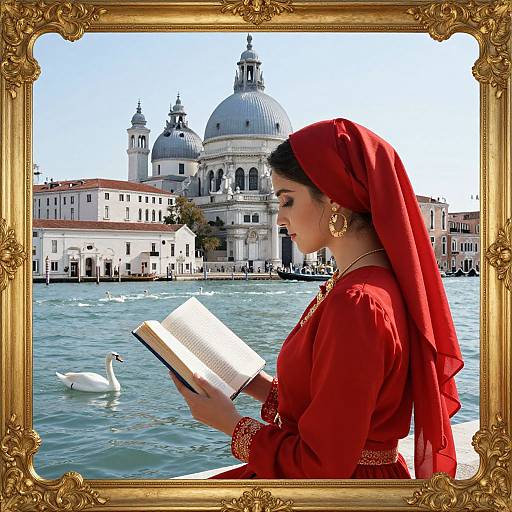 Photograph of a woman in red traditional attire, reading a book, framed by an ornate gold frame, with St. Mark's Square and a