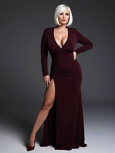 Photograph of a curvy woman with white bob haircut, wearing a deep V-neck black dress with long sleeves and high slit, standing confidently against a