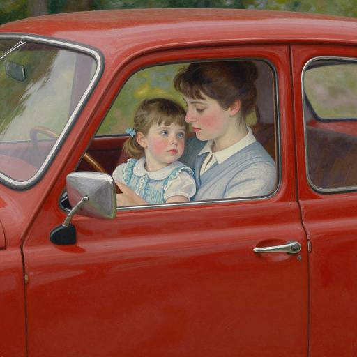 Vintage-style painting of a brown-haired woman in a blue sweater and a young girl with pigtails in a blue dress, sitting in a bright red