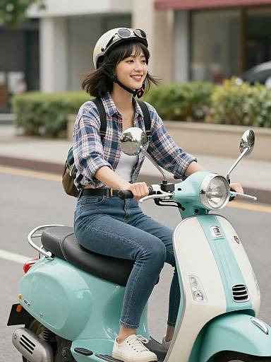 Young Asian Woman Riding Vintage Scooter