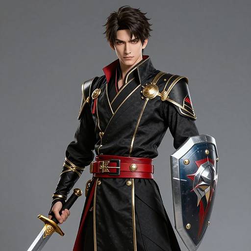 Dark-Haired Male Warrior with Sword and Shield