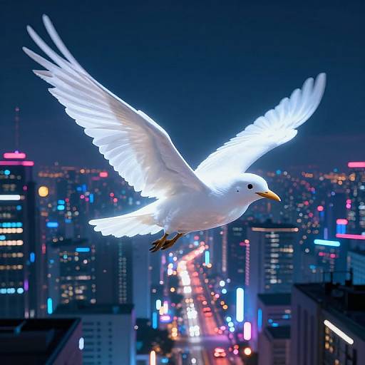 Photograph of a glowing white seagull with outstretched wings flying over a neon-lit, vibrant cityscape at night.