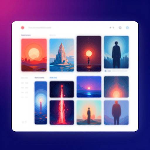 Digital art grid of 8 vibrant, glowing images with silhouettes of people and suns or lights, set against a purple-blue gradient background.