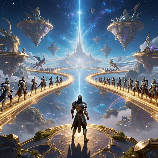 Digital fantasy artwork: Silhouetted warrior at center, facing radiant blue light bridge, surrounded by armored warriors on floating city platforms. Celestial,