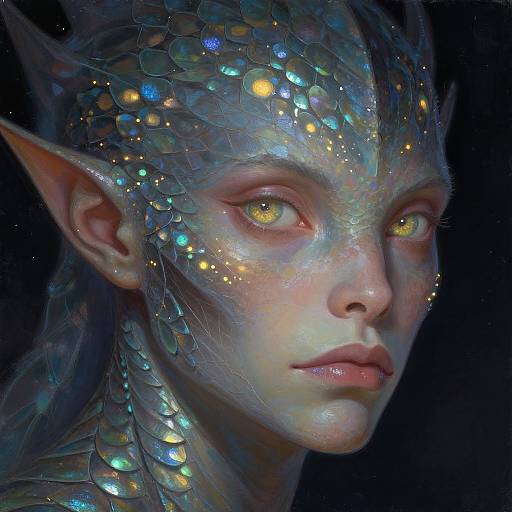 Digital painting of a fantasy elf with glowing yellow eyes, iridescent scales, and pointed ears, set against a dark background.