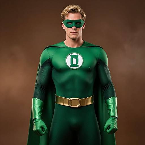 Photograph of a muscular, blond, Caucasian man in a green superhero costume with a black mask, gold belt, and green gloves. Brown background.