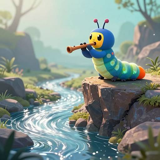 Colorful, cartoon worm with blue and yellow body, antennae, and pipe, stands on rock, blowing into stream in sunlit, forested