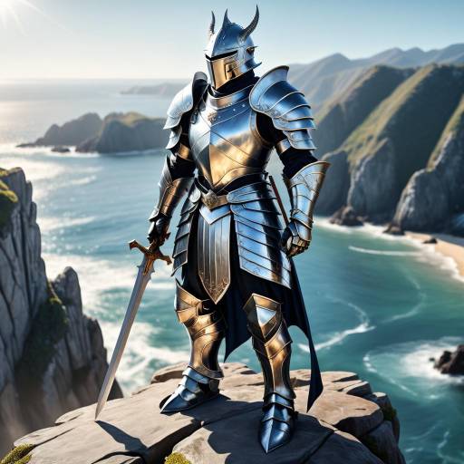 Armored Knight Standing on Cliff Overlooking Ocean