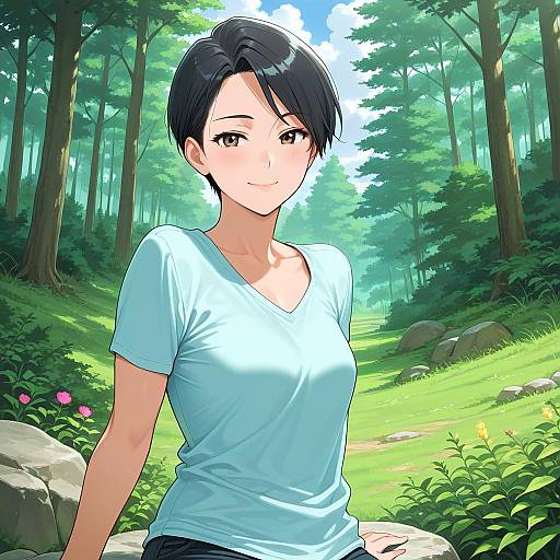 Anime-style digital drawing of a smiling woman with short black hair, wearing a light blue t-shirt, standing in a lush, sunlit forest.