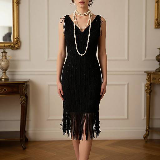 Photograph of a woman in a black fringe dress, white pearl necklace, standing in an elegant, vintage-style room with wooden floors and ornate furniture