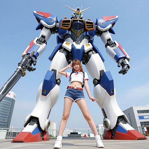 CGI image of a cute, brown-haired girl in a white crop top and denim shorts standing confidently in front of a towering, blue, white,