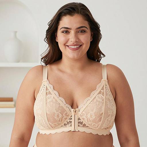 Smiling Woman in Beige Lace Bra