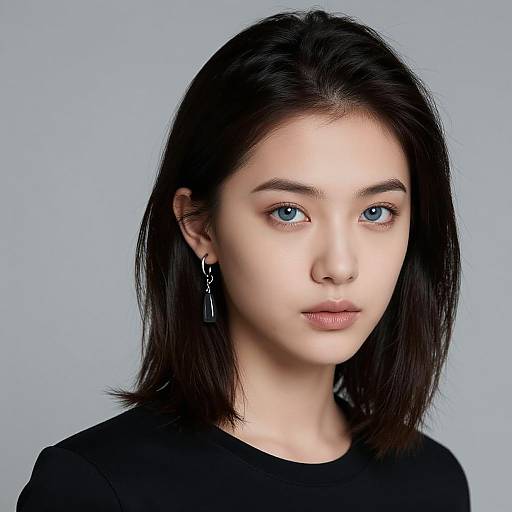 Photograph of an East Asian woman with fair skin, blue eyes, and shoulder-length black hair, wearing a black top and black dangling earrings, against