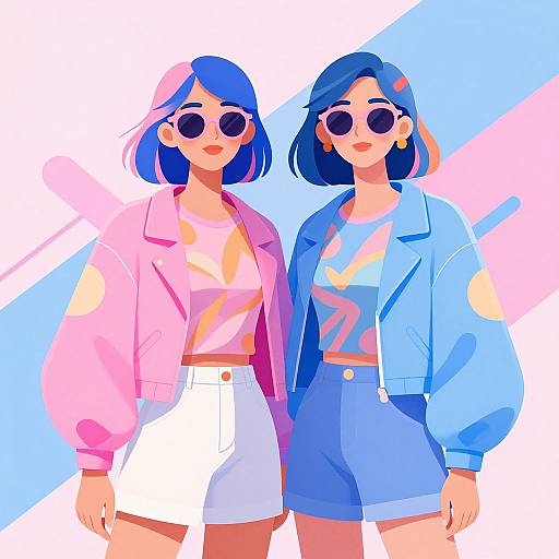 Digital illustration of two women with blue hair, wearing sunglasses, pink and blue jackets, white and blue shorts, and geometric pattern tops.