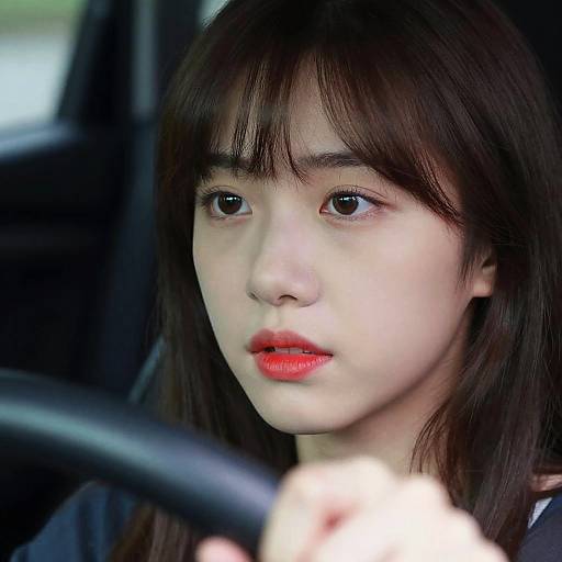 Photograph of an Asian woman with pale skin, straight dark brown hair, red lipstick, and focused expression, driving a car. She holds the steering
