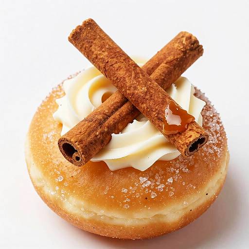 Photograph of a sugar-dusted, glazed donut topped with white cream and two crossed cinnamon sticks against a white background.