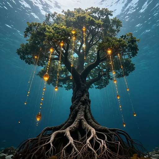 Underwater photograph of a large tree with exposed roots, adorned with hanging glowing lanterns, surrounded by blue, sunlit water.