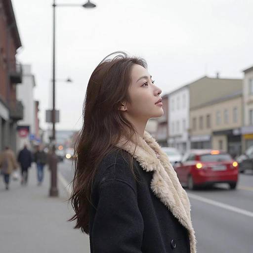 Photograph of a young woman with long brown hair, wearing a black coat with a fur collar, standing on a busy urban street, looking upwards.