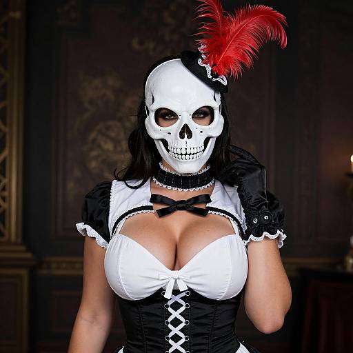 Photograph of a woman in a white skull mask with black hair, red feather, black and white corset, large breasts, dark ornate background