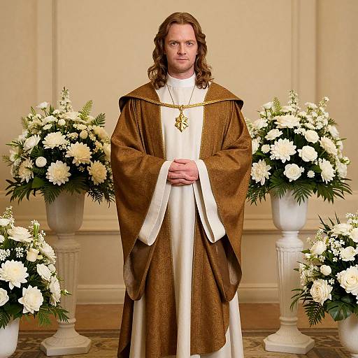 Photograph of a tall, curly-haired man in brown and white clerical robes with a gold cross, standing before white floral arrangements in classical urns