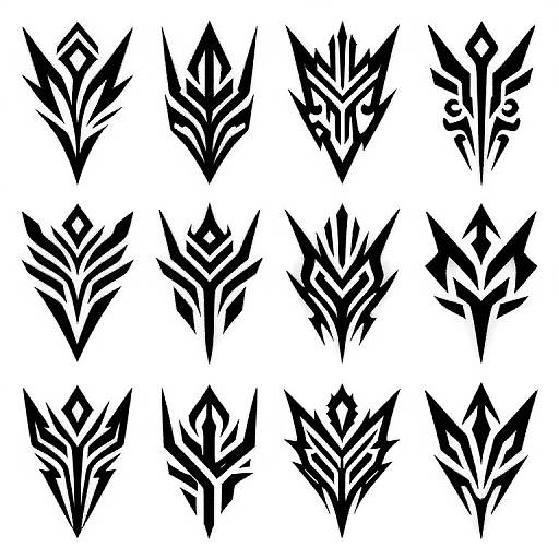 Black tribal-style tattoo designs, each with unique jagged, angular shapes, arranged in a 4x4 grid on a white background. Digital artwork