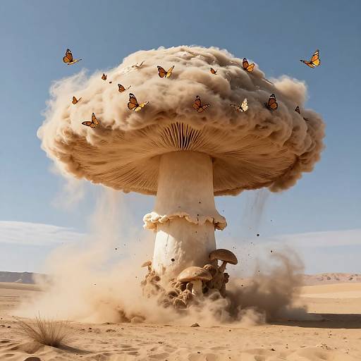 Photorealistic CGI: Enormous mushroom erupting from desert sand, surrounded by swirling dust, with fluttering orange-and-black butterflies against a clear