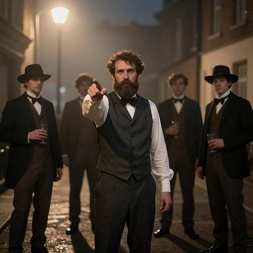 Bearded Victorian Pointing in Misty Night