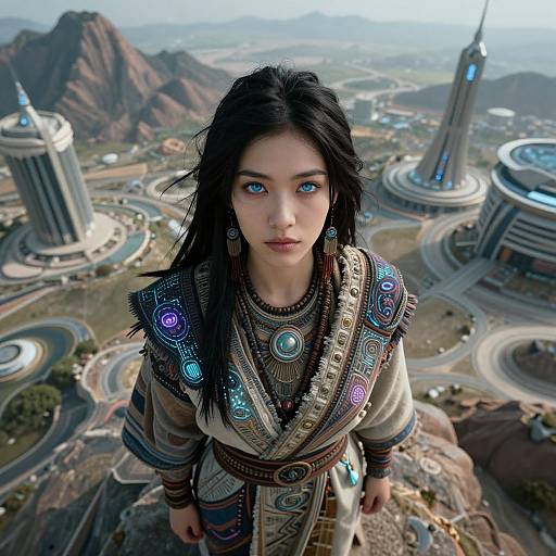 A CGI fantasy image of a young woman with blue eyes, dark hair, and intricate tribal clothing, standing on a rocky outcrop with futuristic cityscape