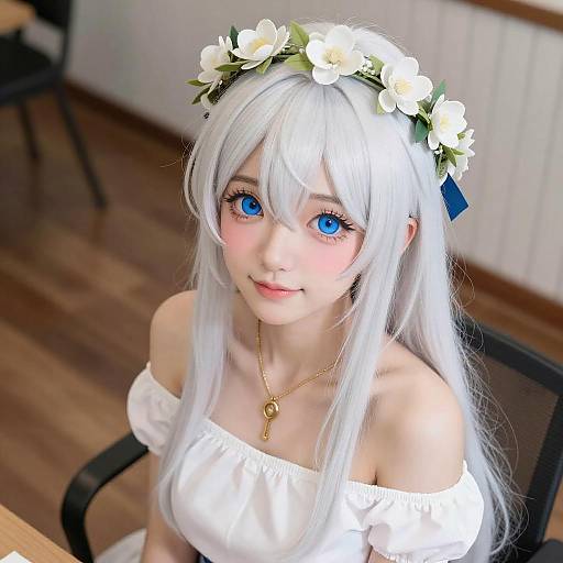 Anime Woman with White Hair Smiling
