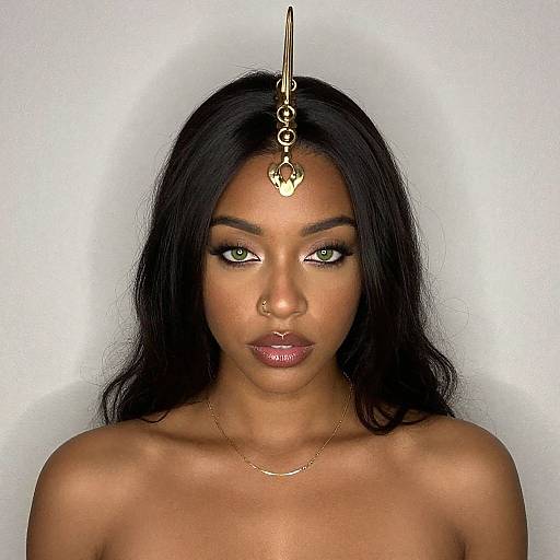 Photograph of a topless Black woman with long black hair, green eyes, gold headpiece, and gold necklace, against a plain white background.