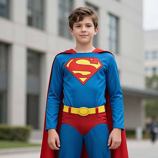Photograph of a young boy with short brown hair, wearing a blue Superman costume with red cape, yellow belt, and red 